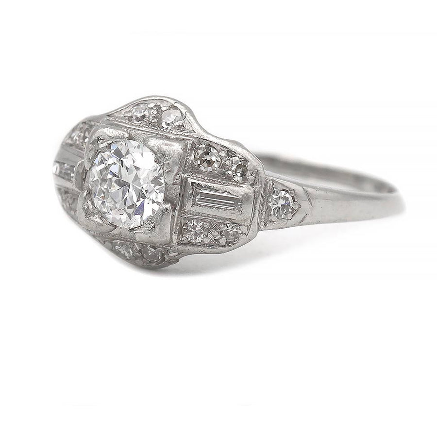 Vintage .79 CTW Old European Cut Diamond Art Deco Engagement Ring with Baguette Diamonds