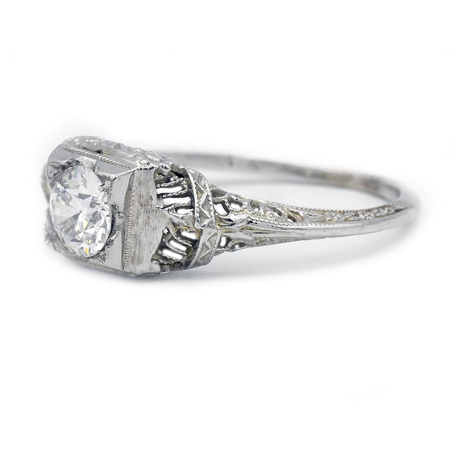 Art Deco .60 Ct Old European Cut Diamond Engagement Ring | Geometric Square Frame | Circa 1930s