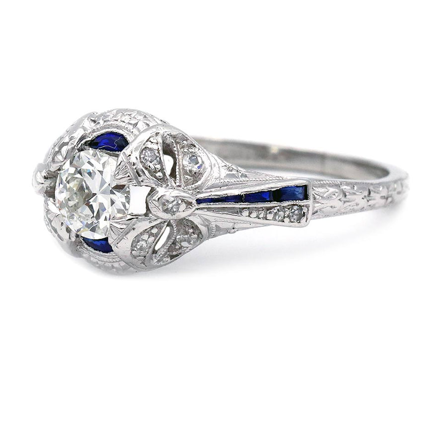 Art Deco Old European Cut Diamond & Sapphire Engagement Ring in Platinum | 1930s