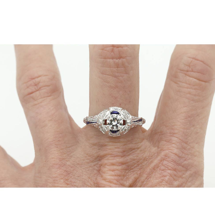 Art Deco Old European Cut Diamond & Sapphire Engagement Ring in Platinum | 1930s
