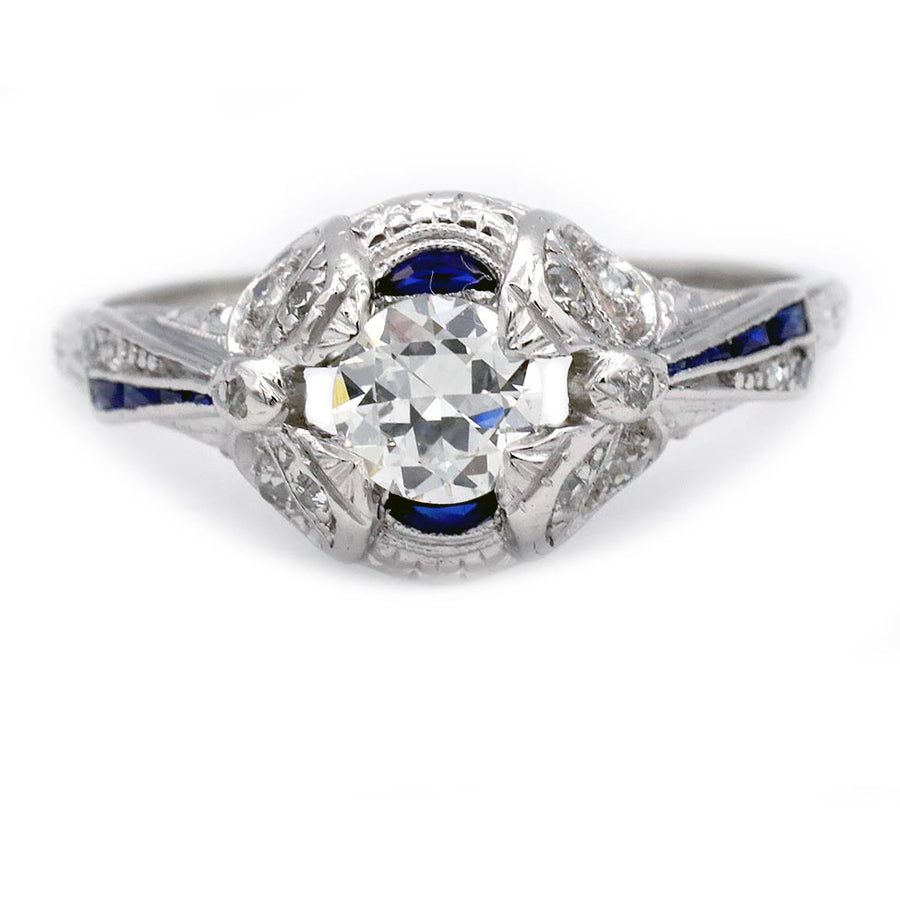 Art Deco Old European Cut Diamond & Sapphire Engagement Ring in Platinum | 1930s