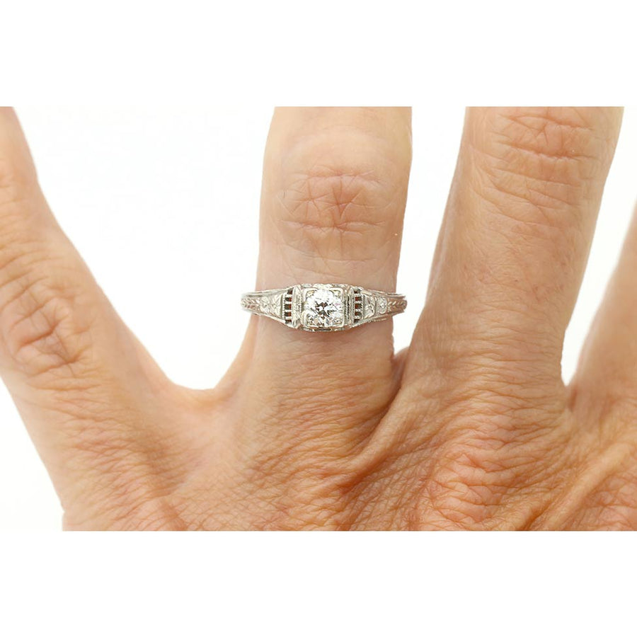 Art Deco .25 Ct Old Mine Cut Diamond Geometric Engagement Ring in 18K White Gold