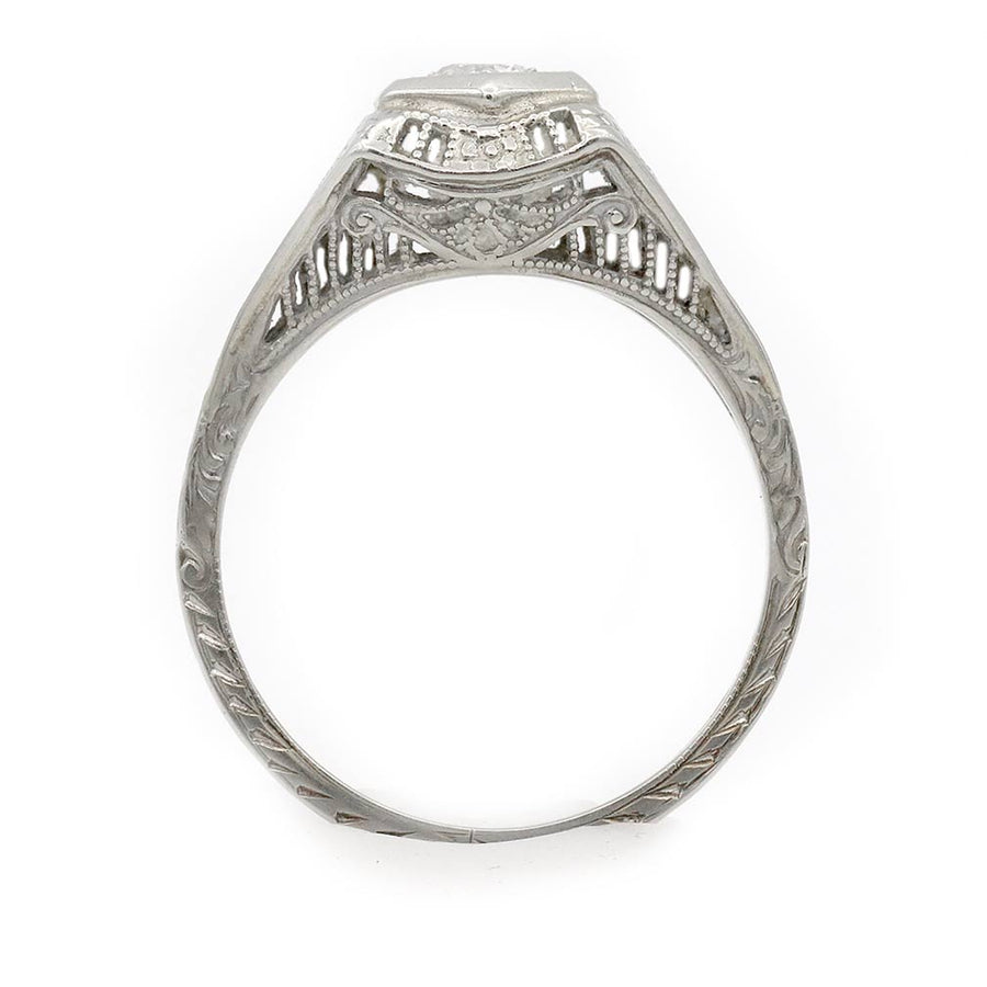 Art Deco .20 CT Old Mine Cut Diamond Engagement Ring | 18K White Gold