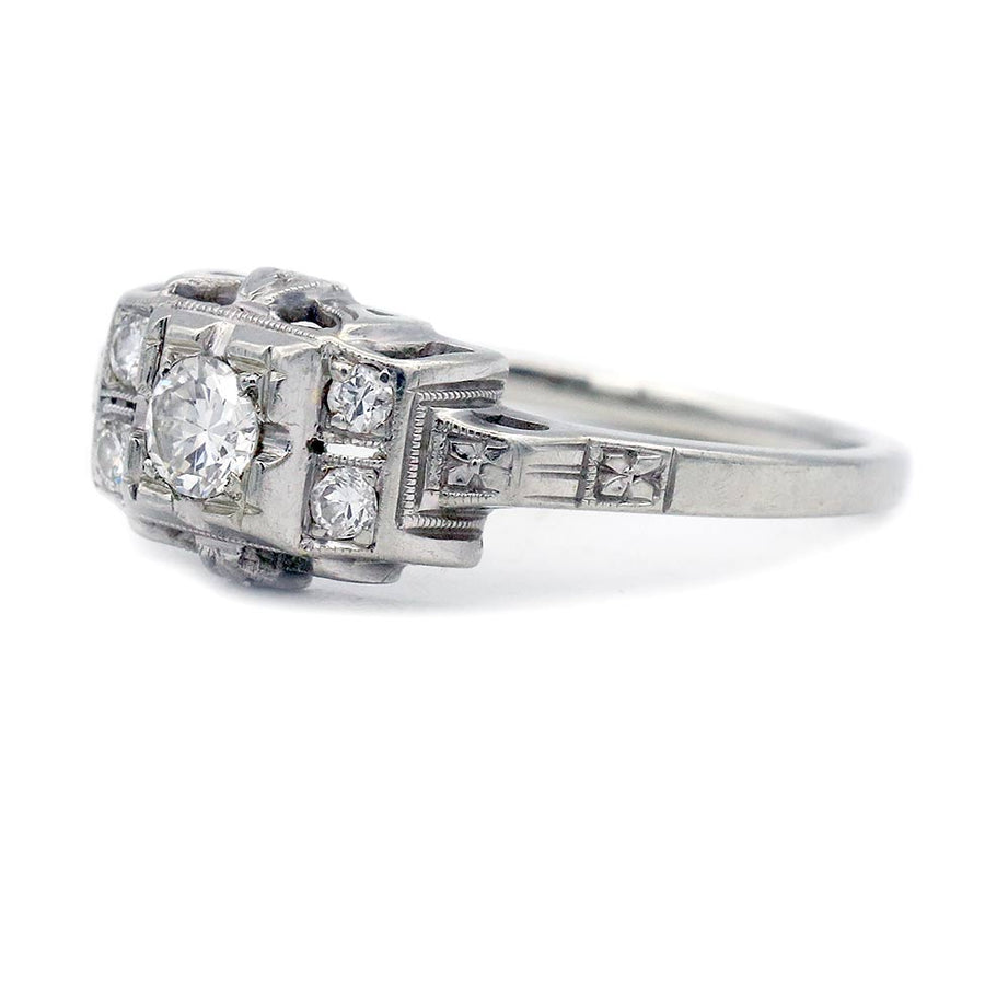 Art Deco Old European Cut Diamond Engagement Ring .25 CTW | Filigree 18K White Gold