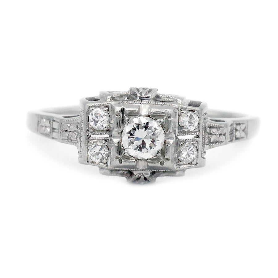 Art Deco Old European Cut Diamond Engagement Ring .25 CTW | Filigree 18K White Gold