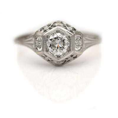 Art Deco Hexagonal Old European Cut Diamond Solitaire Engagement Ring