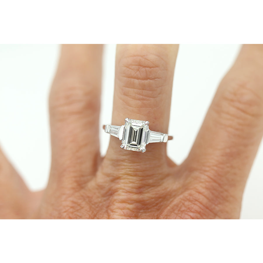 Vintage Emerald Cut Diamond Engagement Ring on Hand 2.00 Ct GIA J/SI1