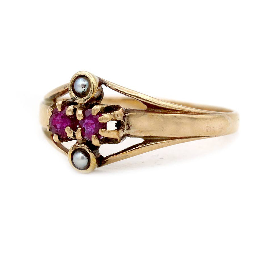Vintage 1940s Burma Ruby & Seed Pearl Engagement Ring in Rose Gold