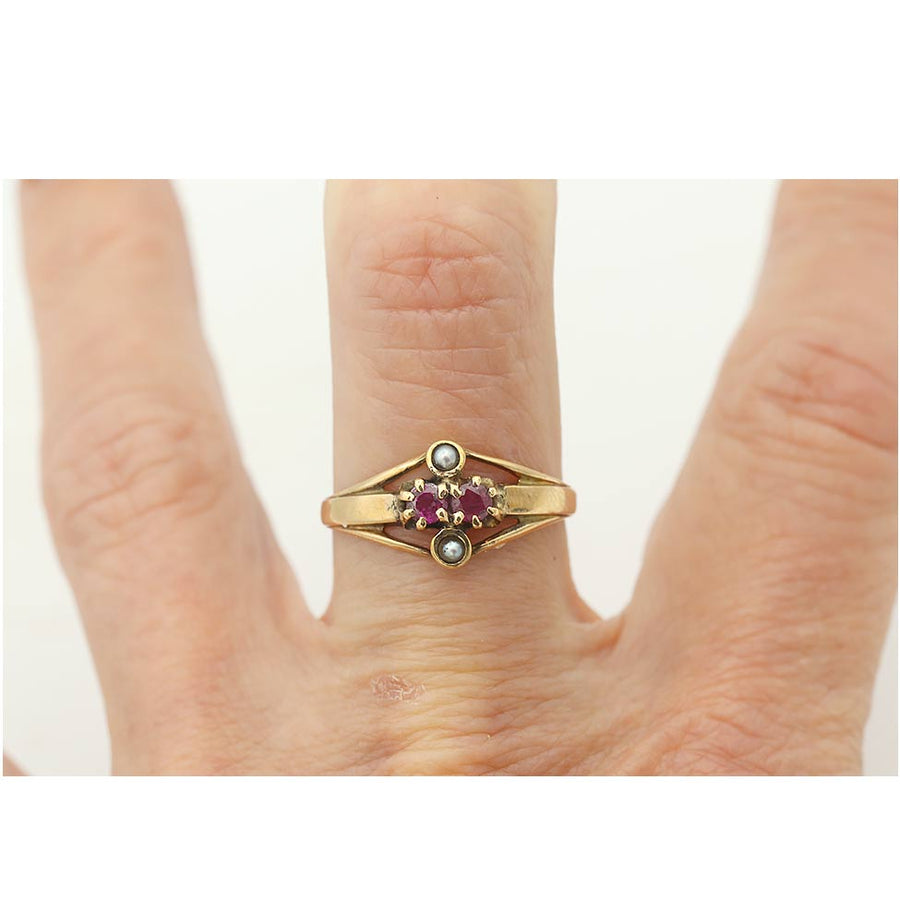 Vintage 1940s Burma Ruby & Seed Pearl Engagement Ring in Rose Gold