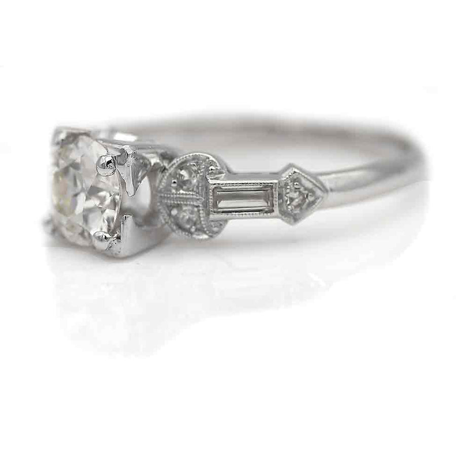 Art Deco .95 CTW Old European Cut Diamond Vintage Engagement Ring Side Baguettes GIA J/SI1