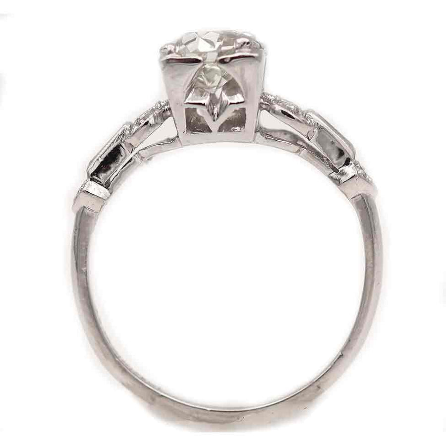 Art Deco .95 CTW Old European Cut Diamond Vintage Engagement Ring Side Baguettes GIA J/SI1