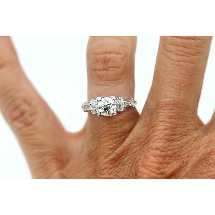 Art Deco .95 CTW Old European Cut Diamond Vintage Engagement Ring Side Baguettes GIA J/SI1