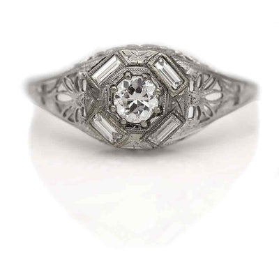 Intricate Art Deco Old European Cut Diamond Engagement Ring with Baguette Side Stones