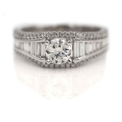 Vintage Style Old European Cut Diamond & Baguette Cut Engagement Ring .64 Ct GIA F/SI1