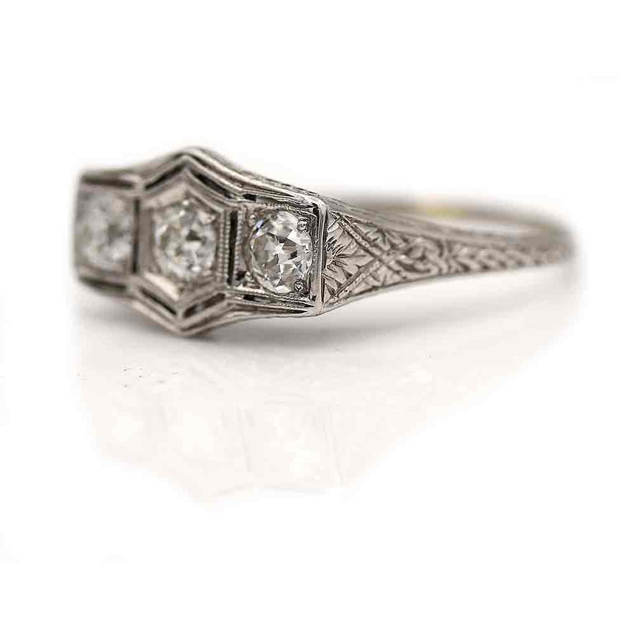 Art Deco Three Stone Old Mine Cut Diamond Engagement Ring