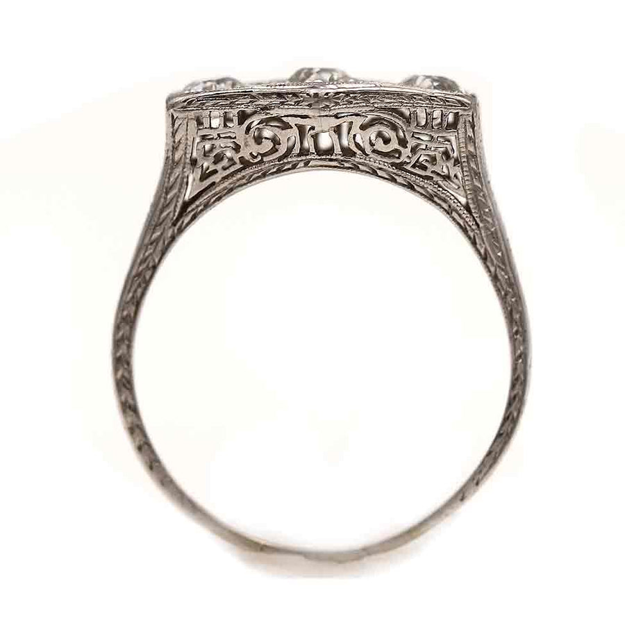 Art Deco Three Stone Old Mine Cut Diamond Engagement Ring