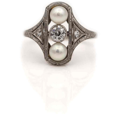Art Deco Old European Cut Diamond & Pearl Engagement Ring