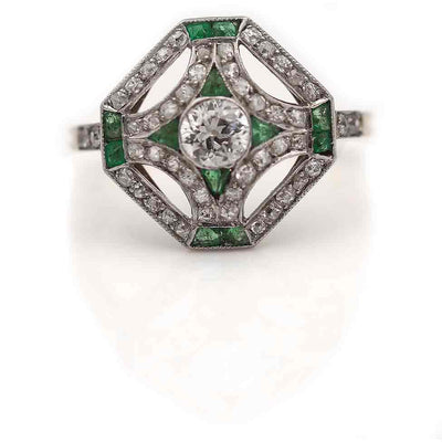 Art Deco Bezel Set Old European Cut Diamond & Emerald Engagment Ring
