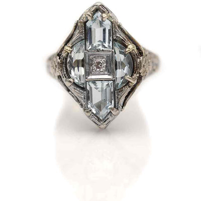 Art Deco Bullet Shape & Shield Cut Aquamarine Engagement Ring