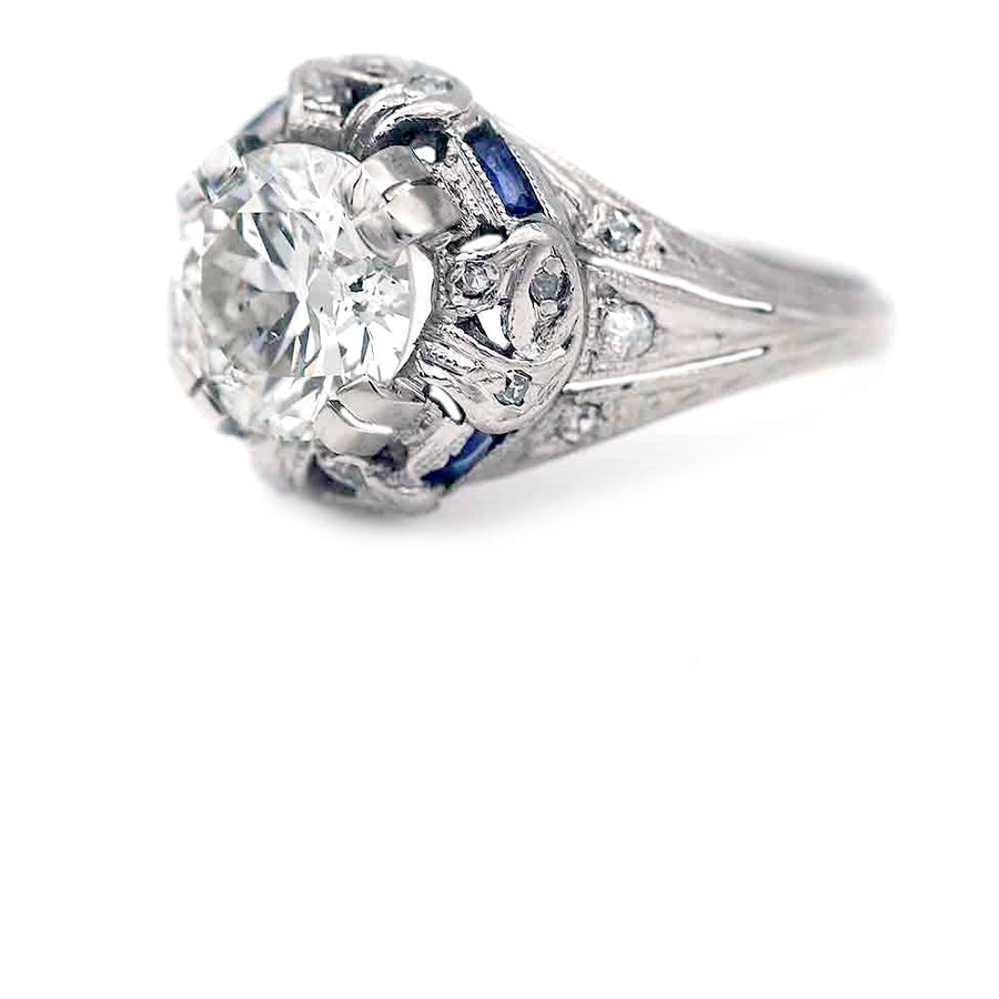 Art Deco Old European Cut Diamond & Sapphire Engagement Ring 1.83 CT Platinum GIA K/I1 Circa 1930s