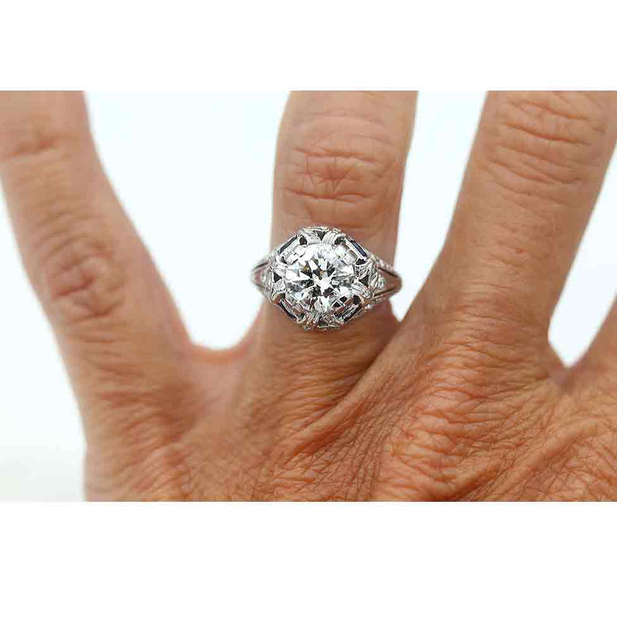 Art Deco Old European Cut Diamond & Sapphire Engagement Ring 1.83 CT Platinum GIA K/I1 Circa 1930s