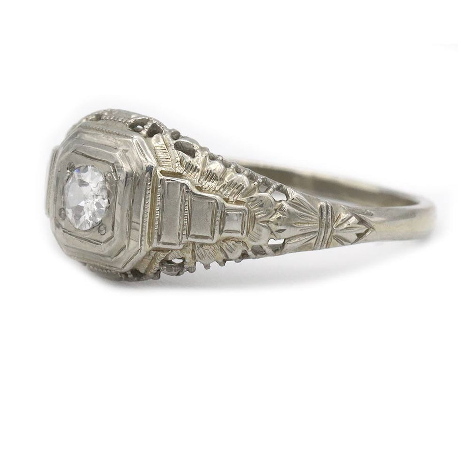 Antique .15ct Old Mine Cut Diamond Solitaire | 18k White Gold Art Deco Engagement Ring
