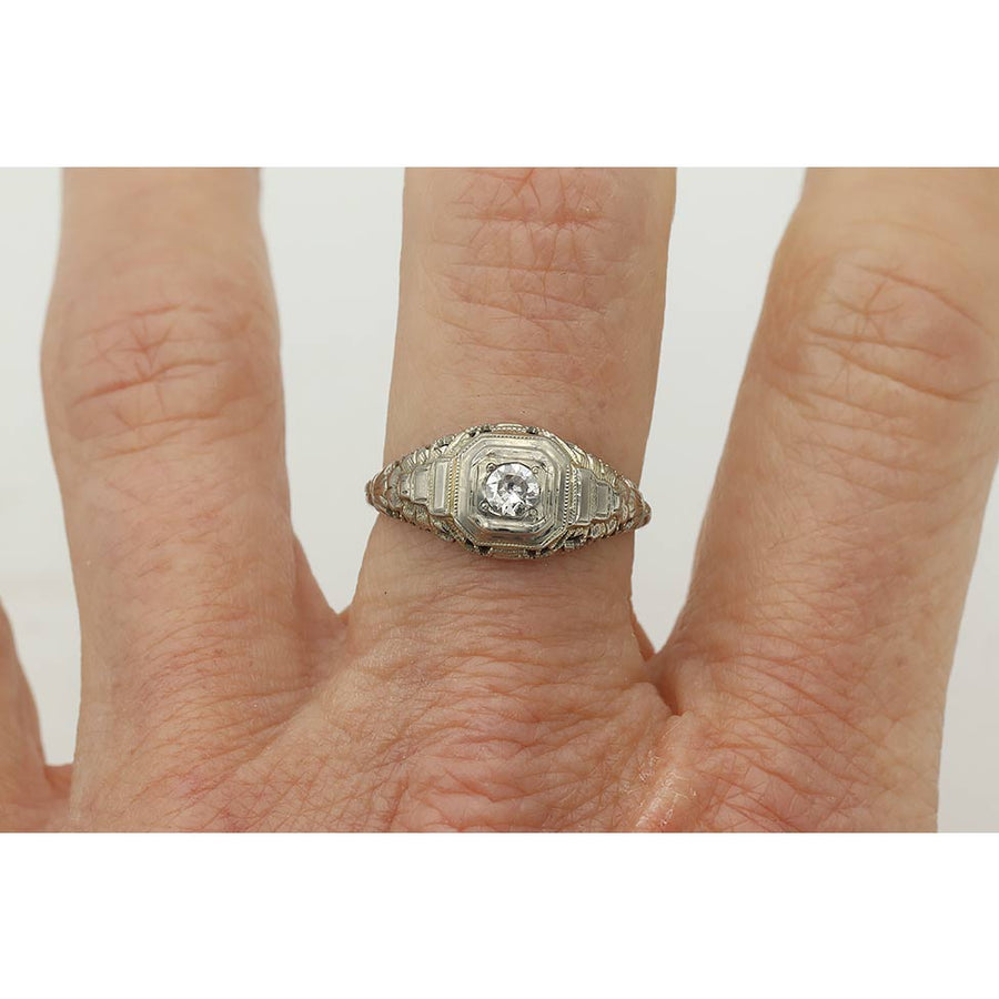 Antique .15ct Old Mine Cut Diamond Solitaire | 18k White Gold Art Deco Engagement Ring