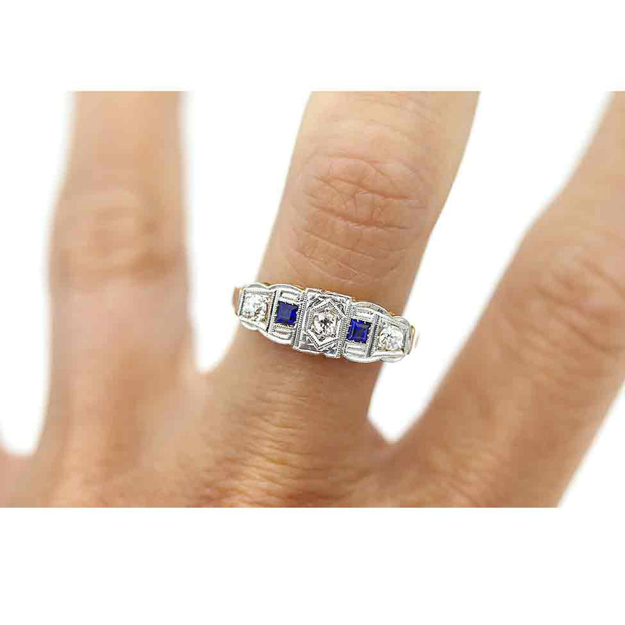 Antique .45 CTW Old Mine Cut Diamond Sapphire Vintage Wedding Ring on Hand