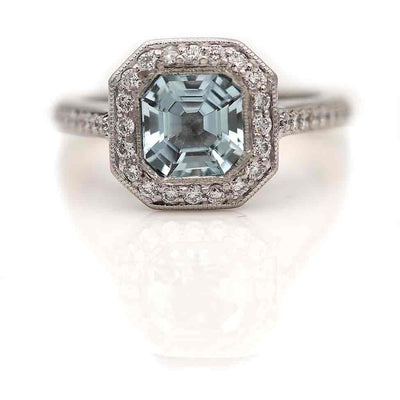 Vintage Asscher Cut Aquamarine & Diamond Halo Engagement Ring in Platinum