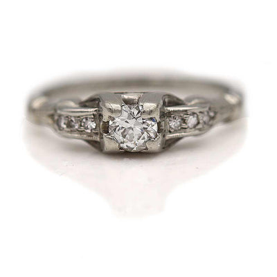 Intricate Late Art Deco Platinum Diamond Engagement Ring  5/17/1942