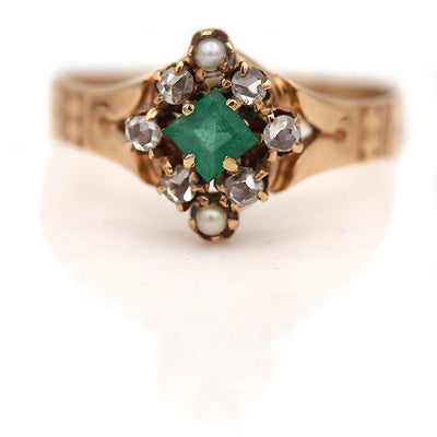 Victorian Square Cut Emerald Rose Cut & Pearl Halo Engagement Ring