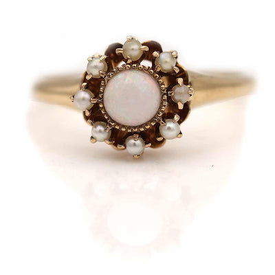 Victorian Opal & Pearl Halo Engagement Ring