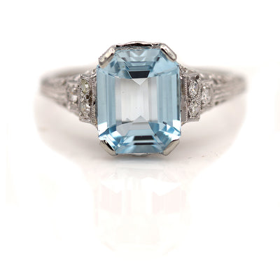 Art Deco 3.50 ct Aquamarine &amp; Single Cut Diamond Engagement Ring