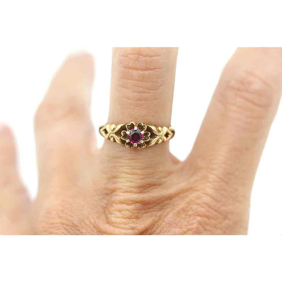Vintage garnet engagement ring with filigree engraving