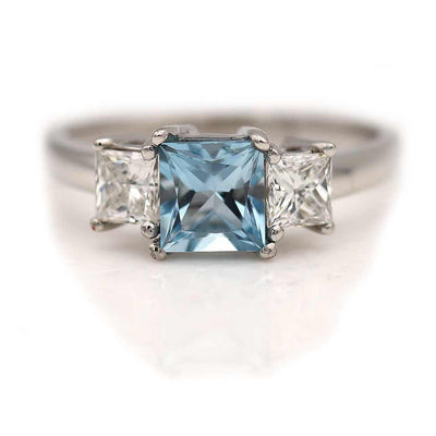 Estate Three Stone Princess Cut Aquamarine & Diamond Engagement Ring in Platinum