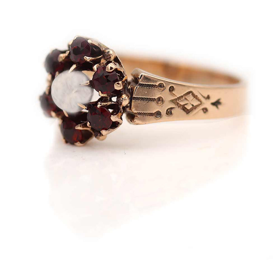 Victorian Moonstone & Garnet Halo Engagement Ring Circa 1900s