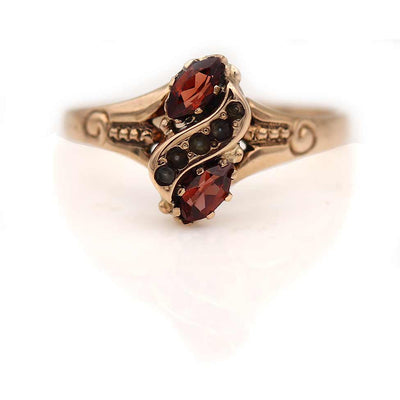 Victorian Twin Stone Garnet & Seed Pearl Engagement Ring Circa 1900s
