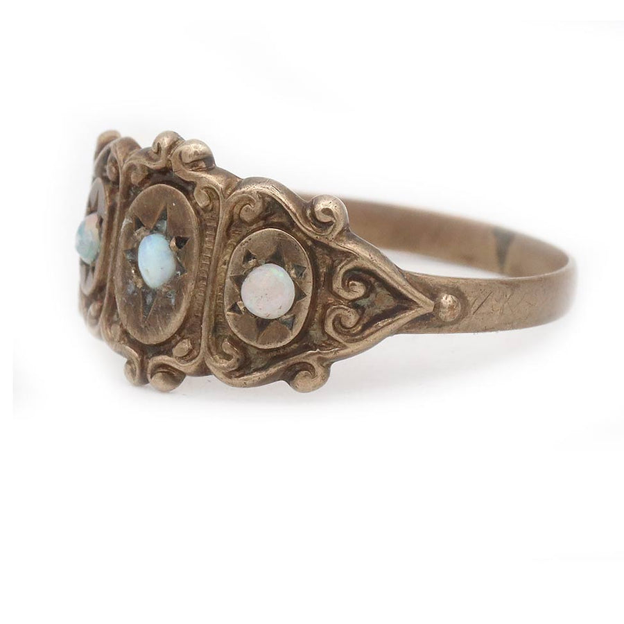Victorian Three-Opal Starburst Engagement Ring in Rosy Yellow Gold