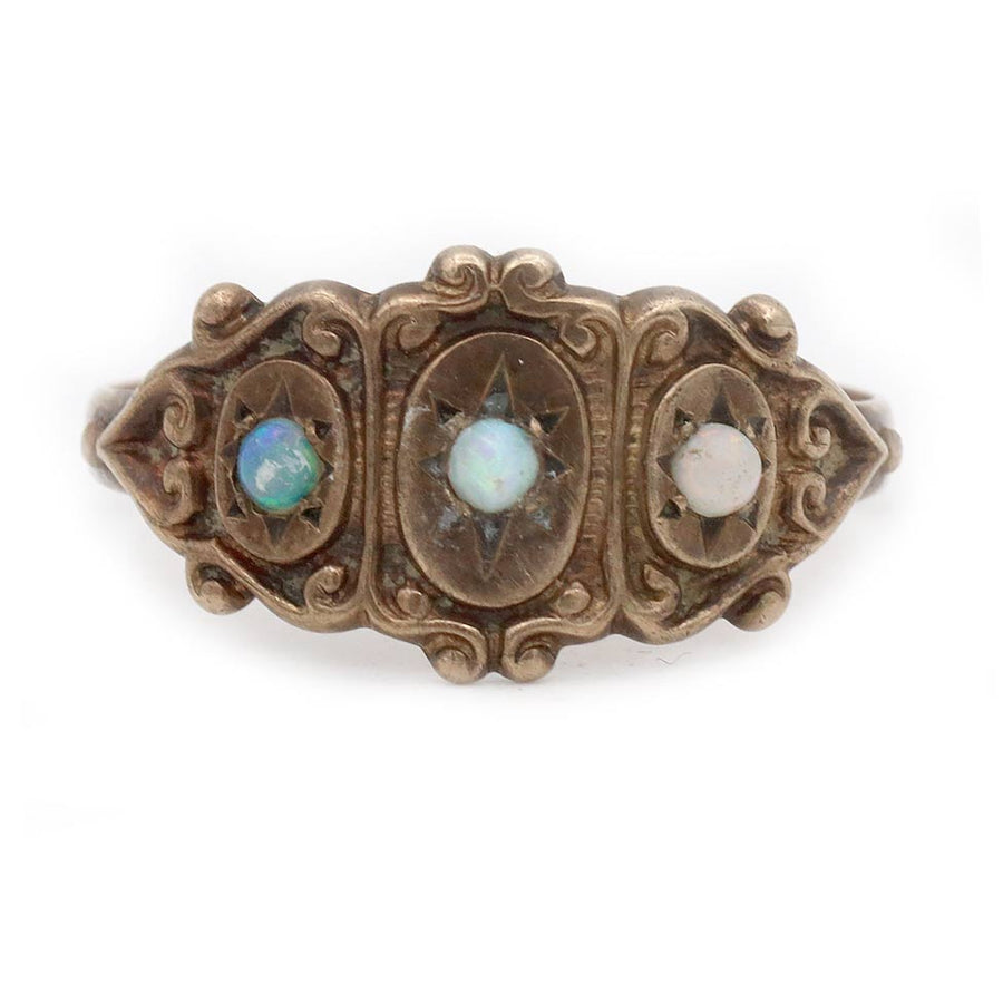 Victorian Three-Opal Starburst Engagement Ring in Rosy Yellow Gold