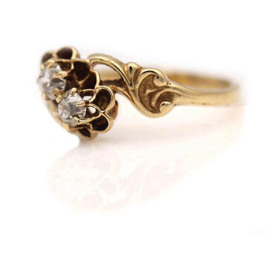 Victorian .30 CTW Old Cushion Cut Diamond Toi et Moi Antique Engagement Ring | 14K Yellow Gold | Circa 1900s