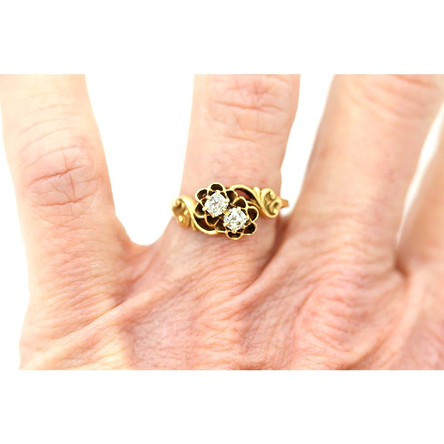 Victorian .30 CTW Old Cushion Cut Diamond Toi et Moi Antique Engagement Ring | 14K Yellow Gold | Circa 1900s