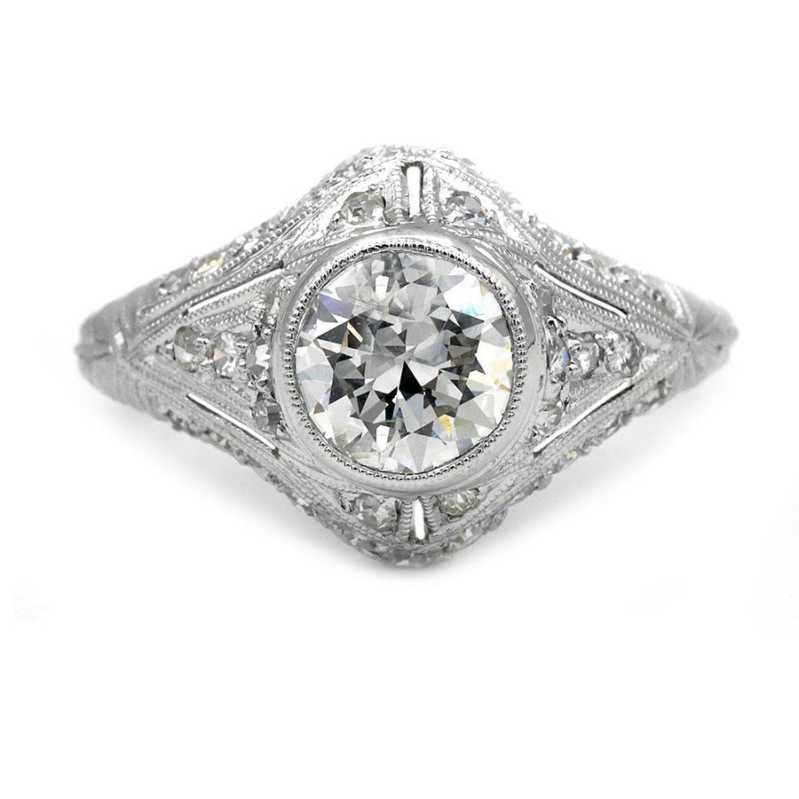 Art Deco 1.13 Ct Bezel Set Old European Cut Diamond Vintage Engagement Ring GIA G/I1