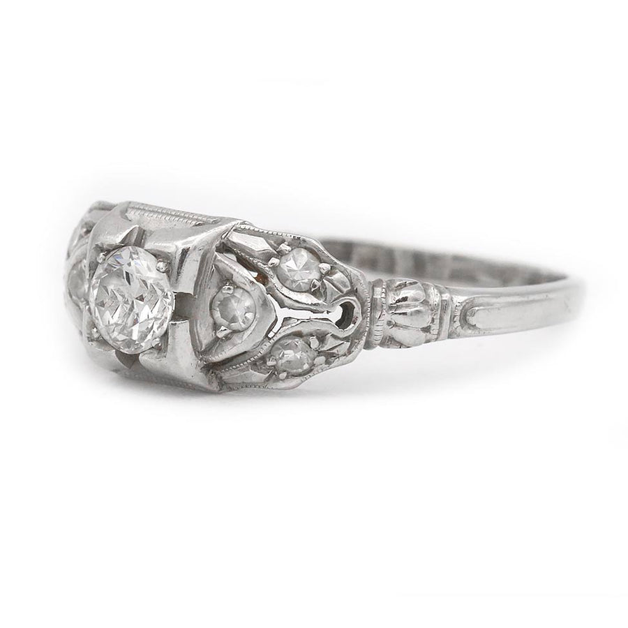 Art Deco .31 CTW Old European Cut Diamond Geometric Engagement Ring in 14K White Gold