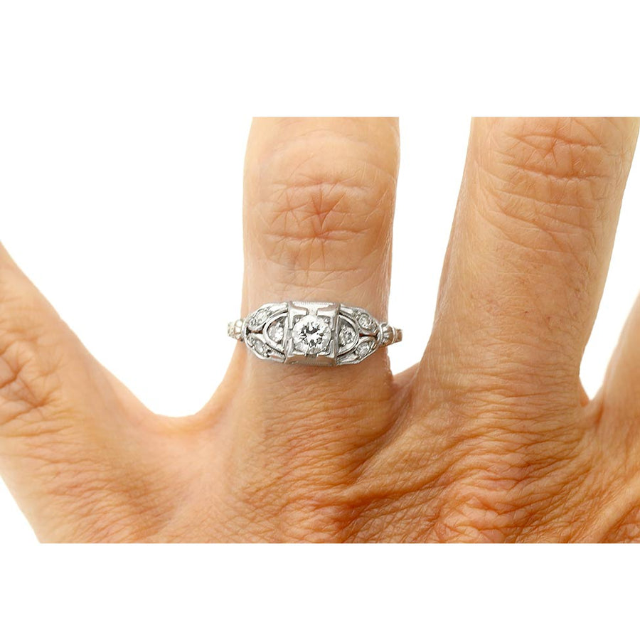 Art Deco .31 CTW Old European Cut Diamond Geometric Engagement Ring in 14K White Gold