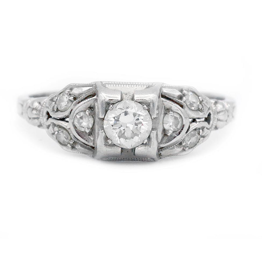 Art Deco .31 CTW Old European Cut Diamond Geometric Engagement Ring in 14K White Gold