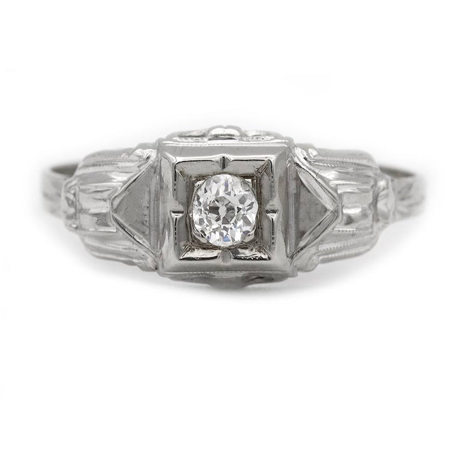 Vintage .20ct Old Mine Cut Diamond 14K White Gold Geometric Solitaire Ring