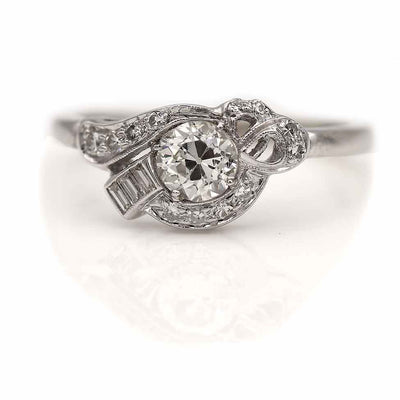 Late Art Deco Old European Cut and Baguette Diamond Cocktail Ring .50 Carat