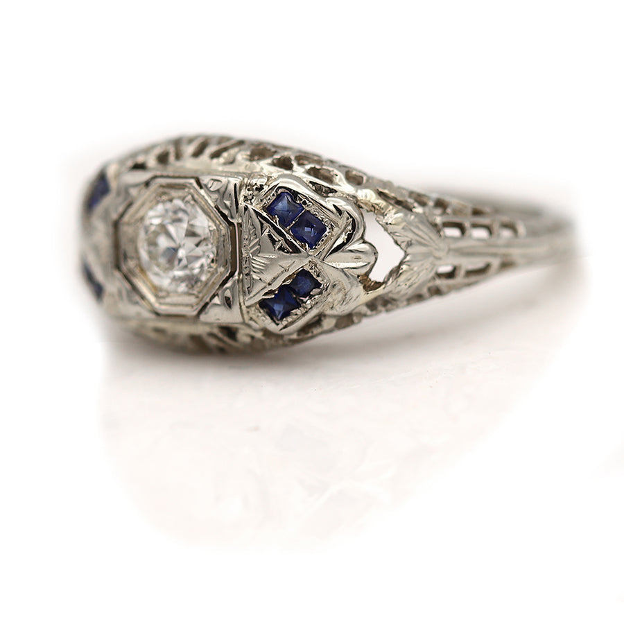 Art Deco .25 Ct Diamond Sapphire 14 Karat White Gold Filigree Engagement Ring