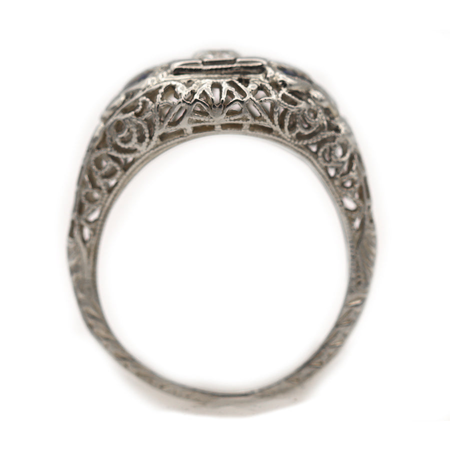 Art Deco .25 Ct Diamond Sapphire 14 Karat White Gold Filigree Engagement Ring