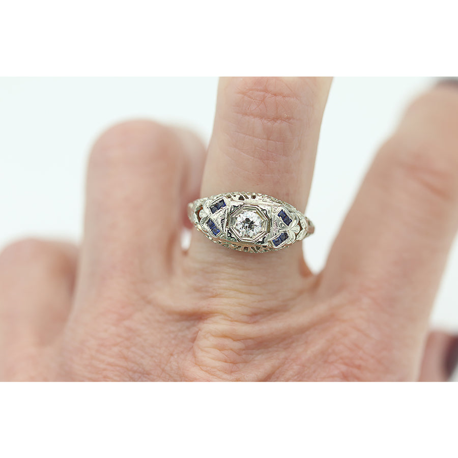 Art Deco .25 Ct Diamond Sapphire 14 Karat White Gold Filigree Engagement Ring